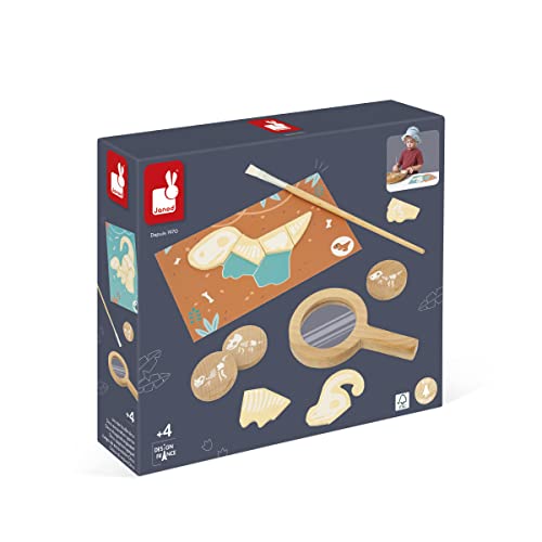 Janod Dino 87 Dinosaurier Janod-Dino-Ausgrabungsspiel-87 Zubehörteile-Spielzeug für Kinder-Set mit Sand, Lupe und Knochen-Spiel aus FSC-Holz-Ab 4 Jahren, J05832, Mehrfarbig von Janod