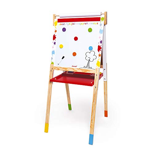 Janod Kids Wooden Double Sided Easel ‘Splash’ - Dynamic, Height Adjustable - Magnetic Whiteboard + Chalk Board - Including 13 Accessories - From 3 Years Old, J09611 von Janod