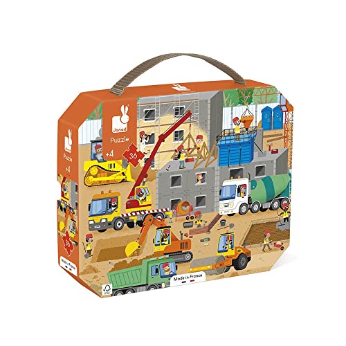 Janod - Kinderpuzzle Die Baustelle 36 Teile - Lernspiel Feinmotorik und Konzentration - Koffer mit Griff -Ab 4 Jahren, J02604 von Janod