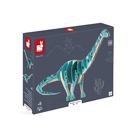 Janod Dinosaurier Kinderpuzzle Diplodocus Dinosaurier-42-teiliges 3D-Puzzle-Bauspiel-FSC-Pappe Ab 5 Jahre, J05840, Blau von Janod