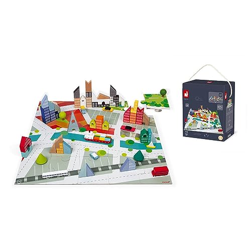 Janod - Kubix 60 Bausteine + 20-teiliges Puzzle Stadt - Holzbausteine aus Massivholz + Puzzle Lernspiel mit Spielmatte als Unterlage - Ab 3 Jahren, J08304 von Janod