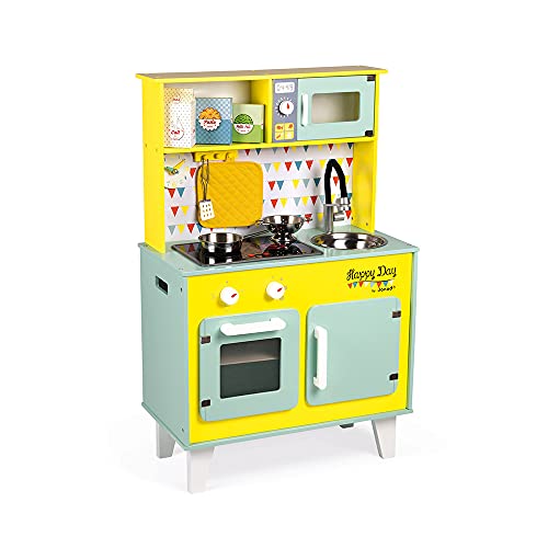 Janod - Big Wooden Play Kitchen - Happy Day - With Fridge and Microwave Oven, Sound and Light - Pretend Play Toy Kitchen - 7 Accessories Included - From 3 Years Old, J06564, L x B x H: 55 x 30 x 87 cm von Janod