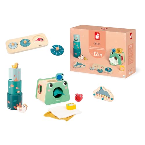 Janod - Baby-Spielbox 1 Jahr - Lernspielzeuge inkl. Puzzle zur Förderung der Motorik - Sensorisches Babyspiel - Frühförderung von Babys - Formsortierer - Kinderspielzeug ab 1 Jahr - J04063 von Janod