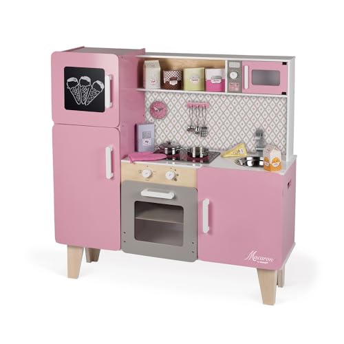 Janod - Macaron Wooden Maxi Cooker for Children - Cooker for Children Equipped with a Fridge and a Microwave - Pretend Play - 15 Accessories Included - For children from the Age of 3, J06571, Pink von Janod