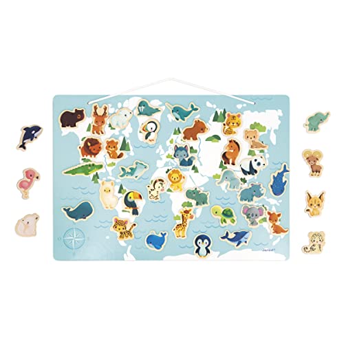 Janod - Minikids – Magnet-Puzzle der Welt - 40 Magnete aus FSC-Holz - Mit 1 Poster - Lernspiel - Magnetische Tierbabys - Ab 24 Monate, J05468 von Janod