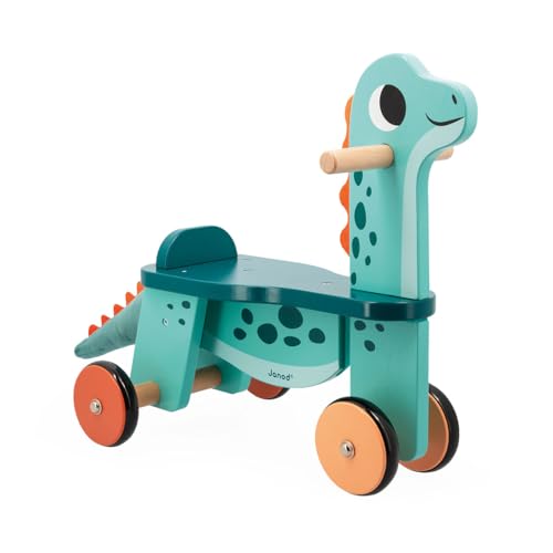 Janod Portosaurus Dinosaurier-Reittier-Sitzhöhe 21 cm-Abnehmbarer Plüschschwanz-Lernspielzeug aus FSC-Holz-Ab 12 Monate, J05828, Blau, Large von Janod