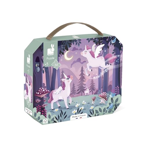 Janod Puzzle 54 Teile-Thema Einhorn-Lernspiel Feinmotorik und Konzentration-Valisette Griff FSC-Zertifiziert-Pflanzliche Druckfarben-Ab 5 Jahren, J02555, Purple von Janod