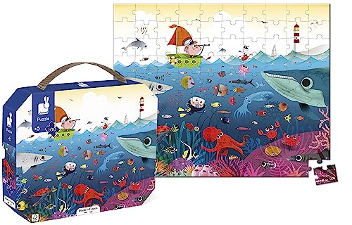 Janod - Puzzle für Kinder Unterwasserwelt, 100 Teile - Lernspiel - Feinmotorik und Konzentration - Koffer mit Griff - hergestellt in Frankreich - FSC-zertifiziert - Ab 6 Jahren, J02617 von Janod