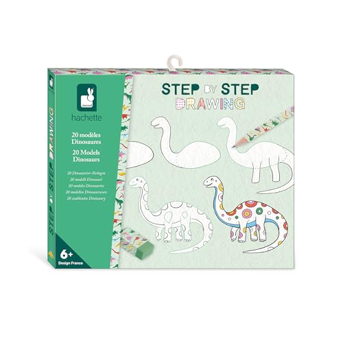 Janod - Step by Step Drawing - Zeichnen lernen - 20 Dino-Modelle - Zeichenset für Kinder - Zeichen- und Konzentrationsförderung – Ab 6 Jahren – J09154, weiß schwarz von Janod