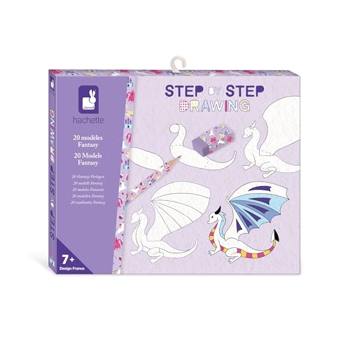 Janod - Step by Step Drawing - Zeichnen lernen - 20 Fantasy-Modelle - Zeichenset für Kinder - Zeichen- und Konzentrationsförderung – Ab 7 Jahren – J09153, weiß schwarz von Janod