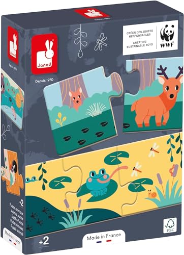 Janod Animal Tierpuzzle mit Tierspuren-10 Puzzles mit je 3 Teilen-Lernspiel und Frühförderung-WWF-Partnerschaft-Ab 24 Monate, J08649, Mehrfarbig von Janod