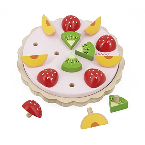 Janod Wood Fruit Tart Twist Obsttörtchen aus FSC-Holz-Rollen-und Fantasiespielzeug-15 Zubehörteile aus Holz-19 cm Durchmesser-Ab 2 Jahren, J06628, Mehrfarbig, M von Janod