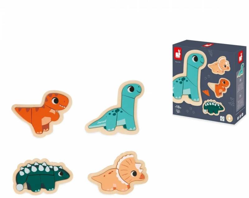 Janod Vier Puzzles Dinosaurier, 14 Teile von Janod