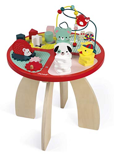 Janod Wooden Activity Table ‘Baby Forest’ - Large Early Learning Centre for Stacking, Dexterity with Maze, Cubes, Gear System and 3 Wooden Animals - From 1 Year Old, J08018 von Janod