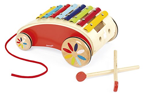 Janod - Xylophon-Wagen Tatoo, Rotes Holz - Musikinstrument zum Ziehen - 7 Töne - Leise Räder - Spielzeug zur Musikalischen Früherziehung - Ab 18 Monate, J05380 von Janod