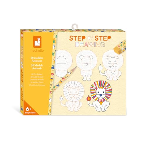 Janod - Step by Step Drawing - Zeichnen lernen - 20 Tier-Modelle - Zeichenset für Kinder - Zeichen- und Konzentrationsförderung – Ab 6 Jahren – J09155, weiß schwarz von Janod