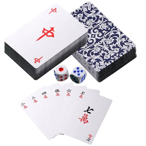 Janurium Mahjong-Spielset – 144 Mahjong-Spielkarten, Mahjong-Deckkarten | Tragbare Reiseverdickte Mahjong-Spielkarten Mit Würfeln, Mahjong-Spielkarten-Tischspiel Für Indoor-Outdoor-Unterhaltung von Janurium