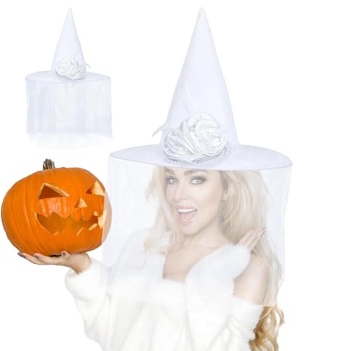 Janurium Weißes Hexenhut-Stirnband – leichte Hexenhüte für Frauen, Halloween-Braut-Hexenhut, weißer Hexenhut mit Schleier, Blumenaccessoires, Hexenkostüm für Frauen und Mädchen von Janurium