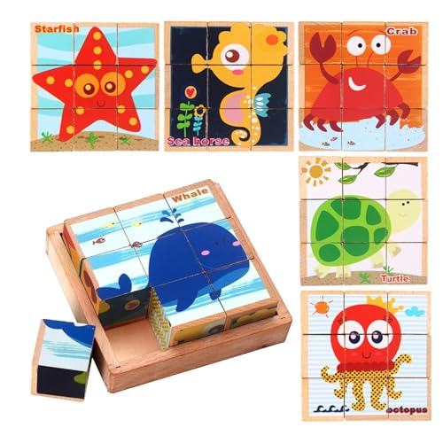 Kinder-Blockpuzzle – Holz-Tier-Block-Puzzle, Holz-Meerestier-Puzzle, Tier-Kleinkind-Puzzle, Holz-3D-Tier-Puzzle Für Kinder, 6-in-1-Marine-Themen-Block-Set-Puzzle, Lernspielzeug Für Zuhause, Schule, Ki von Janurium