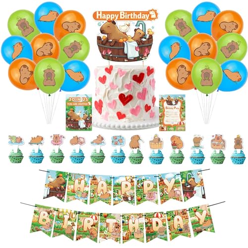 Mädchen-Partydekorationen – Capybara-Luftballons, Banner, Cupcake-Topper-Set | Einfacher -Hintergrund für Kindergeburtstage, Luftballons, Fotokabinen-Requisiten von Janurium