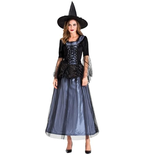 Jaoxiuozi Damen Gothic Kleidung Halloween Cosplay Vintage Hexenkleid Hexenhut Frauen Mittelalter Kleid Karneval Kostüm für Erwachsene (Schwarz, L) von Jaoxiuozi