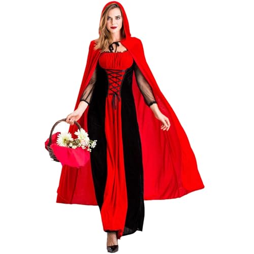 Jaoxiuozi Damen Halloween Kleid Mittelalterliche Kleidung Kapuzenumhang Hexenmantel Cosplay Kostüm Viktorianische Karneval Kleider Set (Rot, S) von Jaoxiuozi