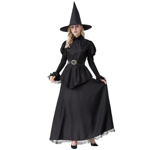 Jaoxiuozi Damen Mittelalter Kostüm Kleid mit Spitze Gothic Lange Kleider Cosplay Retro Mittelalterliche Maxikleid für Halloween Outfit (Schwarz, L) von Jaoxiuozi