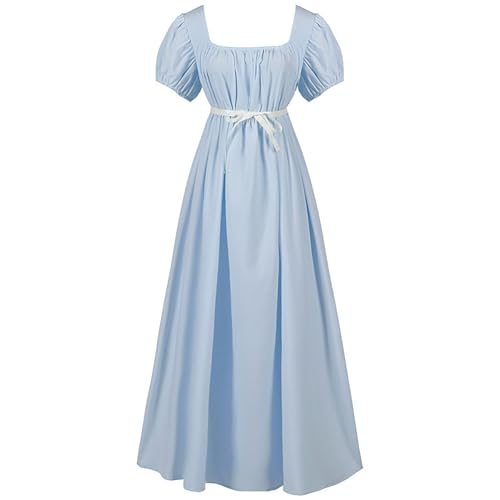 Jaoxiuozi Damen Mittelalter Lange Kleid Elastisch mit Hoher Taille Maxi Kleider Frauen Mittelalterlicher Einfarbige Performance Kostüm (Blau, M) von Jaoxiuozi