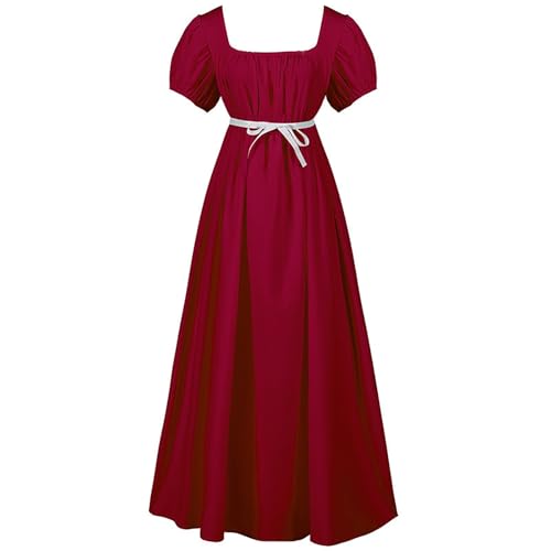 Jaoxiuozi Damen Mittelalter Lange Kleid Elastisch mit Hoher Taille Maxi Kleider Frauen Mittelalterlicher Einfarbige Performance Kostüm (Rot, M) von Jaoxiuozi