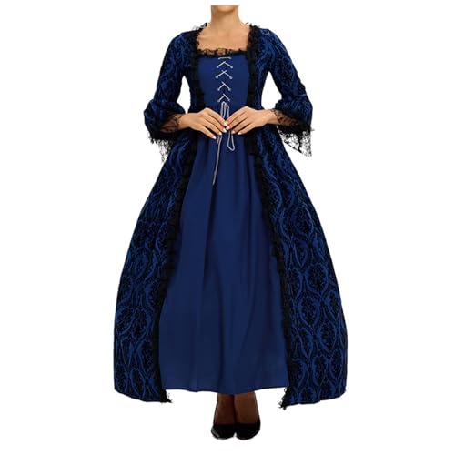 Jaoxiuozi Damen Mittelalter Traditionelles Kleid Gothic Kleider Vintage Spitze Langarmkleid für Karneval Party Cosplay Halloween Kostüm (Blau, L) von Jaoxiuozi