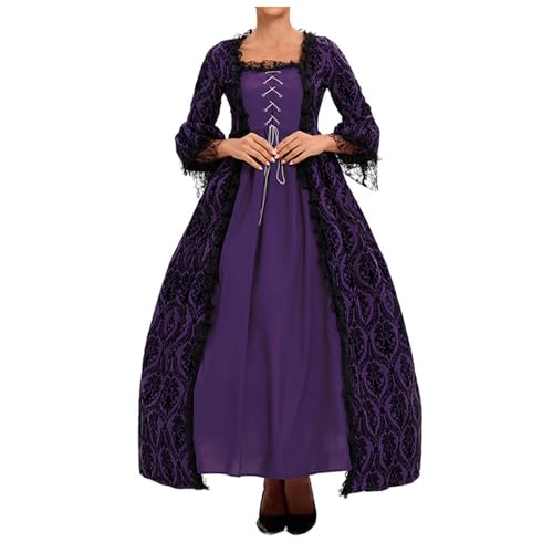 Jaoxiuozi Damen Mittelalter Traditionelles Kleid Gothic Kleider Vintage Spitze Langarmkleid für Karneval Party Cosplay Halloween Kostüm (Lila, XXL) von Jaoxiuozi