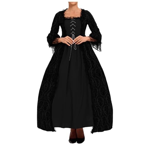 Jaoxiuozi Damen Mittelalter Traditionelles Kleid Gothic Kleider Vintage Spitze Langarmkleid für Karneval Party Cosplay Halloween Kostüm (Schwarz, XL) von Jaoxiuozi