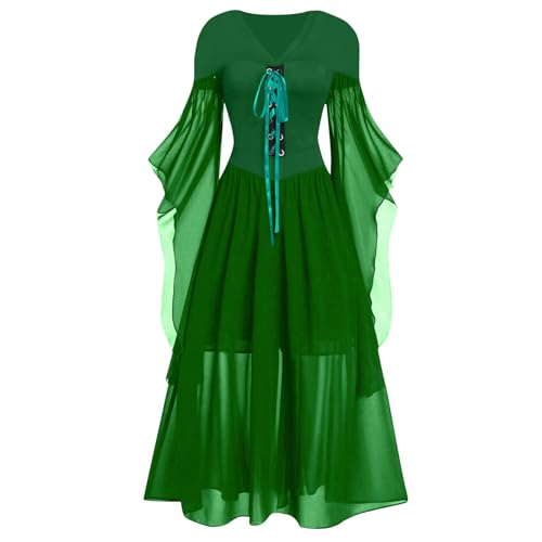 Jaoxiuozi Damen Mittelalterliche Maxi Kleid Trompetenärmel Frauen Vintage Lang Kleider für Karneval Halloween Cosplay Kostüm-Outfits (Grün, L) von Jaoxiuozi