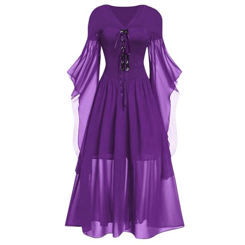 Jaoxiuozi Damen Mittelalterliche Maxi Kleid Trompetenärmel Frauen Vintage Lang Kleider für Karneval Halloween Cosplay Kostüm-Outfits (Lila, L) von Jaoxiuozi