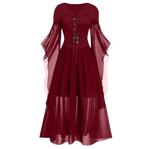 Jaoxiuozi Damen Mittelalterliche Maxi Kleid Trompetenärmel Frauen Vintage Lang Kleider für Karneval Halloween Cosplay Kostüm-Outfits (Rot, L) von Jaoxiuozi