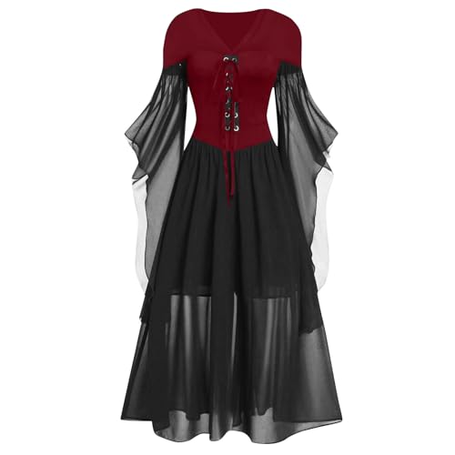 Jaoxiuozi Damen Mittelalterliche Maxi Kleid Trompetenärmel Frauen Vintage Lang Kleider für Karneval Halloween Cosplay Kostüm-Outfits (Rot 02, L) von Jaoxiuozi