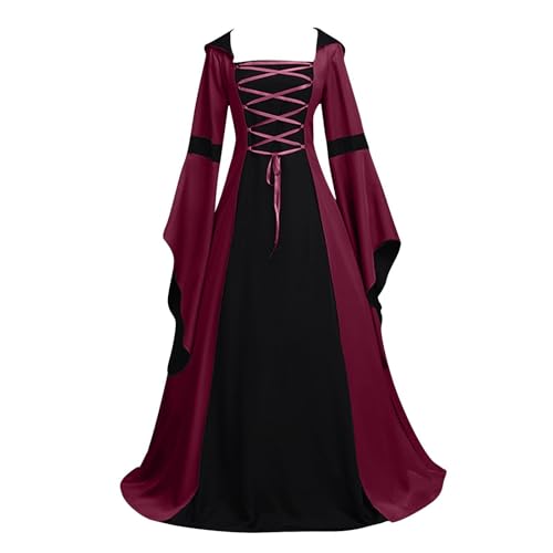 Jaoxiuozi Damen Mittelalterliche Vintage Kleid mit Trompetenärmel Frauen Maxikleid Gothic Kleider Kleidung für Halloween Karneval Party (Rot, XL) von Jaoxiuozi