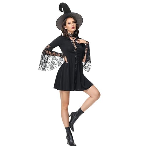 Jaoxiuozi Damen Party Vintage Hexenkleid Hexenhut Faschingskostüme Karneval Ausführen Kostüme Erwachsene Mini Kleid Halloween Cosplay (Schwarz, L) von Jaoxiuozi