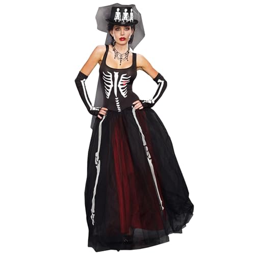 Jaoxiuozi Damen Skelettbraut Kostüm Halloween Kostümparty Rollenspiel Friedhofsbraut Mittelalter Kleid Kostüme für Erwachsene Cosplay (Schwarz, L) von Jaoxiuozi