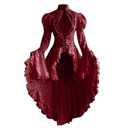 Jaoxiuozi Damen Vintage Spitzen Lang Kleid Prinzessinnen Ballkleid Cosplay Mittelalterliche Kleider Abendkleid Tunikakleid Taillenkleid (Rot, XXXXL) von Jaoxiuozi