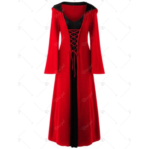 Jaoxiuozi Frauen Mittelalterliches Kleid mit Trompetenärmel Gothic Kleider Damen Mittelalter Kleidung für Halloween Karneval Kostüm (Rot, XL) von Jaoxiuozi