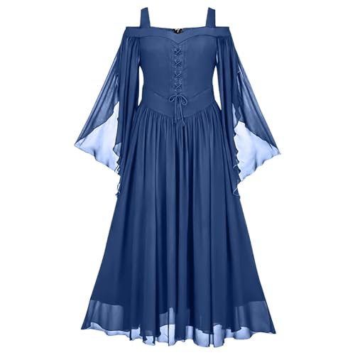 Jaoxiuozi Frauen Retro Cocktailkleider Damen Übergröße Modisches Gothic Kleid Partykleid Chiffonkleid für Halloween Karneval Kostüme (Blau, M) von Jaoxiuozi