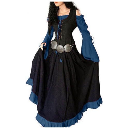 Jaoxiuozi Gothic Kleid Damen Vintage Mittelalterliches Kleider mit Trompetenärmeln Gebundene Taille Maxikleid Halloween Karneval Kostüm (Blau, L) von Jaoxiuozi