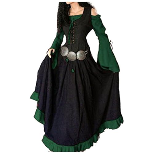 Jaoxiuozi Gothic Kleid Damen Vintage Mittelalterliches Kleider mit Trompetenärmeln Gebundene Taille Maxikleid Halloween Karneval Kostüm (Grün, XL) von Jaoxiuozi