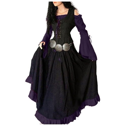 Jaoxiuozi Gothic Kleid Damen Vintage Mittelalterliches Kleider mit Trompetenärmeln Gebundene Taille Maxikleid Halloween Karneval Kostüm (Lila, XL) von Jaoxiuozi