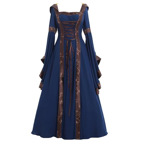 Jaoxiuozi Halloween Damen Mittelalterliches Retro Kapuzen Kleid mit Spitze Trompetenärmel Party Maxi Kleider Gothic Kleidung für Frauen (Blau, L) von Jaoxiuozi