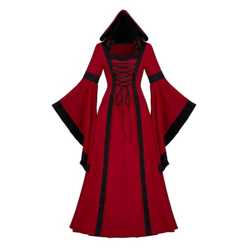 Jaoxiuozi Halloween Damen Mittelalterliches Retro Kapuzen Kleid mit Spitze Trompetenärmel Party Maxi Kleider Gothic Kleidung für Frauen (Rot, S) von Jaoxiuozi