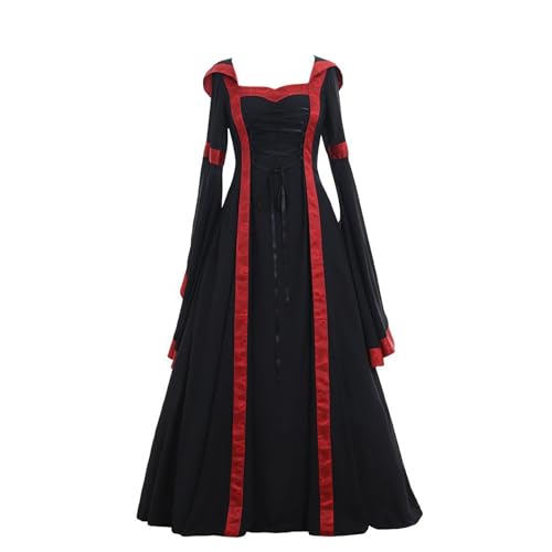 Jaoxiuozi Halloween Damen Mittelalterliches Retro Kapuzen Kleid mit Spitze Trompetenärmel Party Maxi Kleider Gothic Kleidung für Frauen (Schwarz, XXL) von Jaoxiuozi