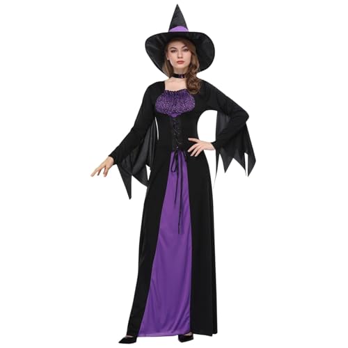 Jaoxiuozi Halloween Party Vintage Hexenkleid Cosplay Frauen Mittelalter Gebunden Taille Kleid Karneval Ausführen Kostüme Erwachsene (Lila, L) von Jaoxiuozi