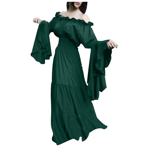 Jaoxiuozi Mittelalter Kleid Damen Retro Partykleid Kostüme Gothic Kleider Vintage Maxikleid mit Trompetenärmel für Halloween Karneval (Grün, XXL) von Jaoxiuozi